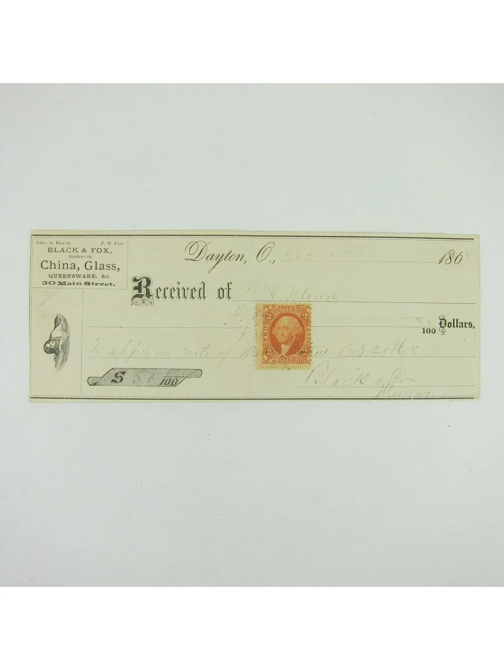 1868 Promissory Note & Two Cent Revenue Stamp Black & Fox Dayton Ohio Antique